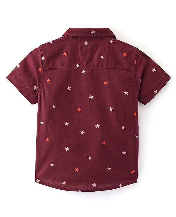 Babyhug Cotton Woven Half Sleeves Regular Collar Shirt with Bow Star Print - Wine Maroon