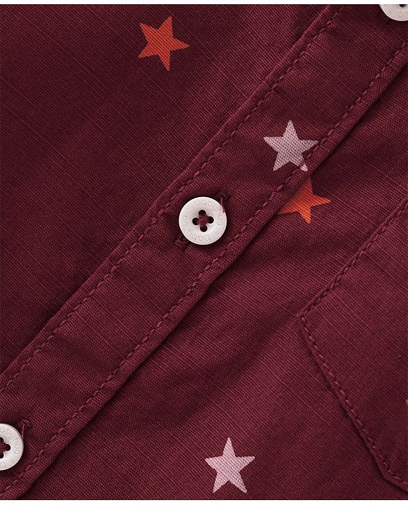 Babyhug Cotton Woven Half Sleeves Regular Collar Shirt with Bow Star Print - Wine Maroon