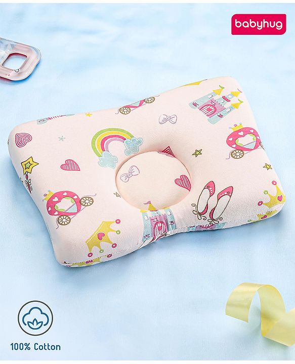 Babyhug Premium Rectangular Memory Foam Head Shaping Baby Pillow Princess Castle Theme- Pink| Prevents Flat-Head Syndrome| Firm and Supportive| Supports Neck and Shoulders| Soft Breathable Fabric| Washable| Travel Friendly| Suitable for New Born