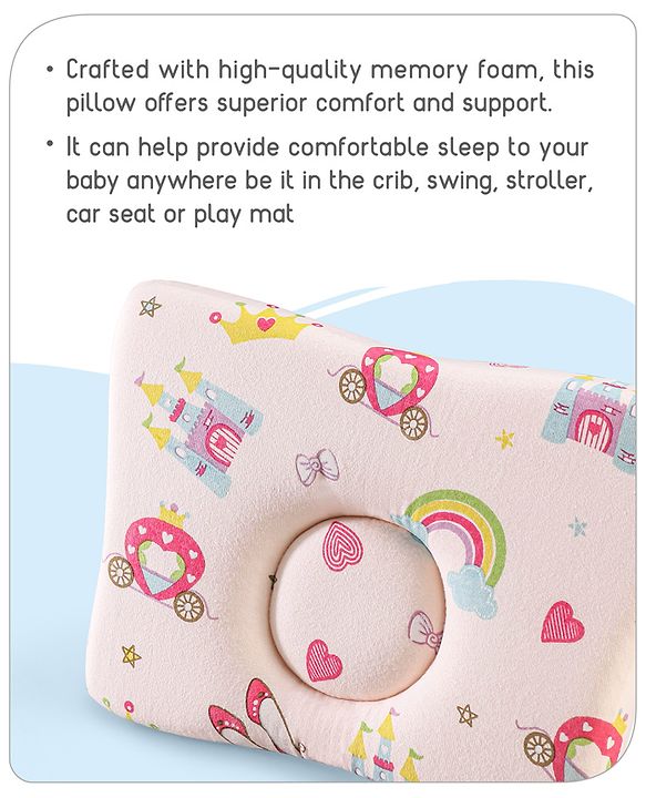 Babyhug Premium Rectangular Memory Foam Head Shaping Baby Pillow Princess Castle Theme- Pink| Prevents Flat-Head Syndrome| Firm and Supportive| Supports Neck and Shoulders| Soft Breathable Fabric| Washable| Travel Friendly| Suitable for New Born