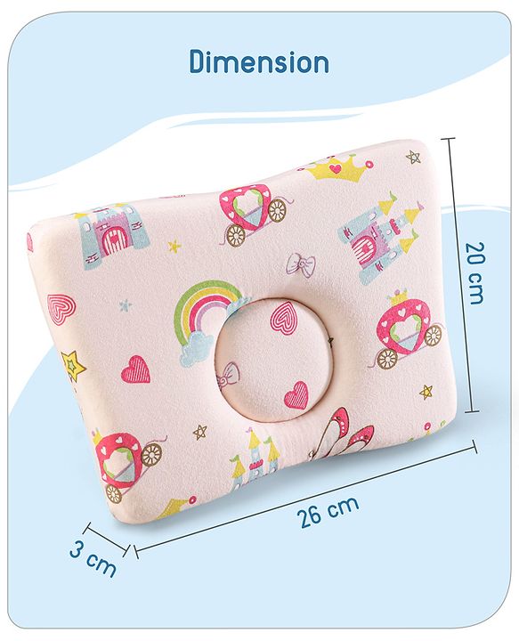 Babyhug Premium Rectangular Memory Foam Head Shaping Baby Pillow Princess Castle Theme- Pink| Prevents Flat-Head Syndrome| Firm and Supportive| Supports Neck and Shoulders| Soft Breathable Fabric| Washable| Travel Friendly| Suitable for New Born