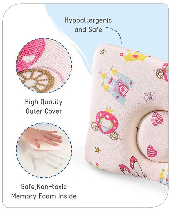 Babyhug Premium Rectangular Memory Foam Head Shaping Baby Pillow Princess Castle Theme- Pink| Prevents Flat-Head Syndrome| Firm and Supportive| Supports Neck and Shoulders| Soft Breathable Fabric| Washable| Travel Friendly| Suitable for New Born