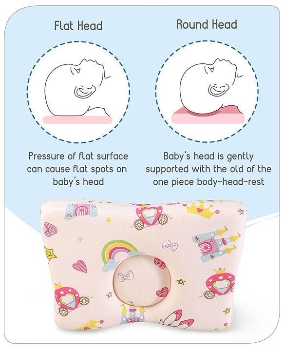 Babyhug Premium Rectangular Memory Foam Head Shaping Baby Pillow Princess Castle Theme- Pink| Prevents Flat-Head Syndrome| Firm and Supportive| Supports Neck and Shoulders| Soft Breathable Fabric| Washable| Travel Friendly| Suitable for New Born