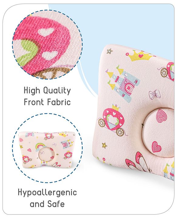 Babyhug Premium Rectangular Memory Foam Head Shaping Baby Pillow Princess Castle Theme- Pink| Prevents Flat-Head Syndrome| Firm and Supportive| Supports Neck and Shoulders| Soft Breathable Fabric| Washable| Travel Friendly| Suitable for New Born