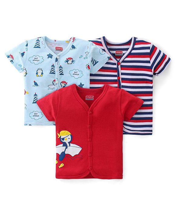 Babyhug 100% Cotton Interlock Knit Half Sleeves Antibacterial Vest Stripes & Penguin Pack Of 3 - Multicolor