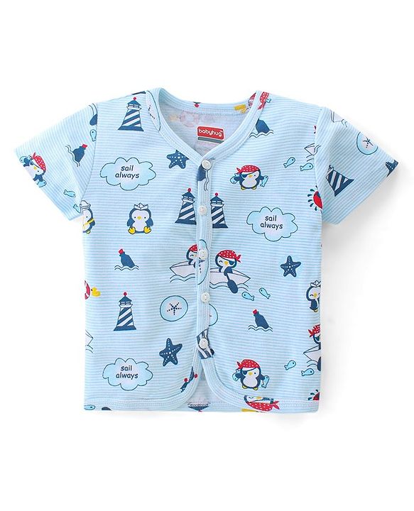 Babyhug 100% Cotton Interlock Knit Half Sleeves Antibacterial Vest Stripes & Penguin Pack Of 3 - Multicolor
