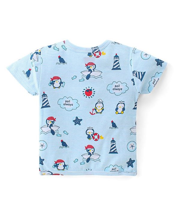 Babyhug 100% Cotton Interlock Knit Half Sleeves Antibacterial Vest Stripes & Penguin Pack Of 3 - Multicolor
