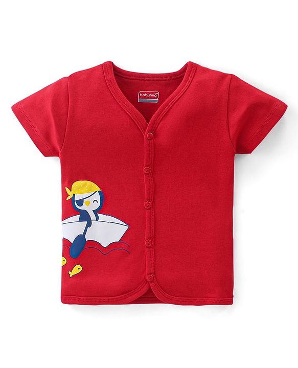 Babyhug 100% Cotton Interlock Knit Half Sleeves Antibacterial Vest Stripes & Penguin Pack Of 3 - Multicolor