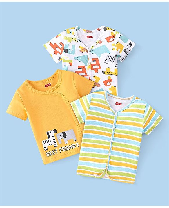 Babyhug 100% Cotton Knit Half Sleeves Striped & Zebra Print Vests Pack of 3 - Multicolour