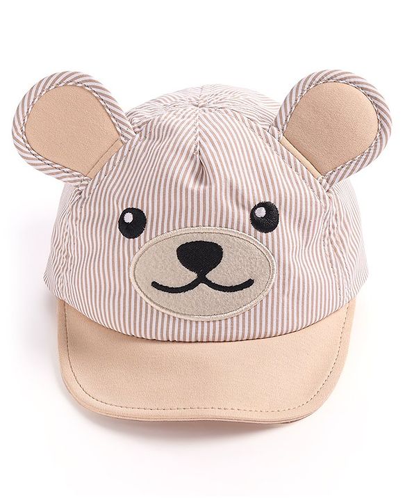 Babyhug Cotton Blend Woven Summer Cap Teddy Theme Striped -  Beige