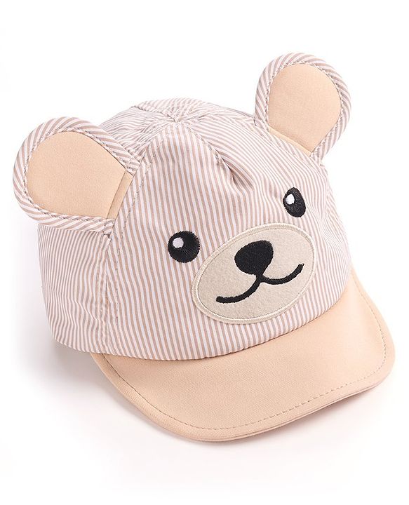 Babyhug Cotton Blend Woven Summer Cap Teddy Theme Striped -  Beige