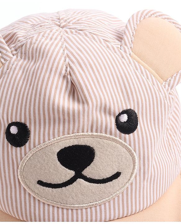 Babyhug Cotton Blend Woven Summer Cap Teddy Theme Striped -  Beige