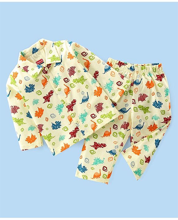 Babyhug Cotton Single Jersey Knit Full Sleeves Night Suit Dino Print - Yellow