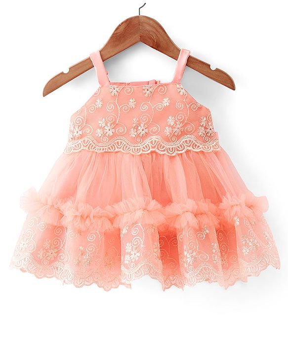 Babyhug Sleeveless Lace & Mesh Party Frock With Floral Embroidery - Peach
