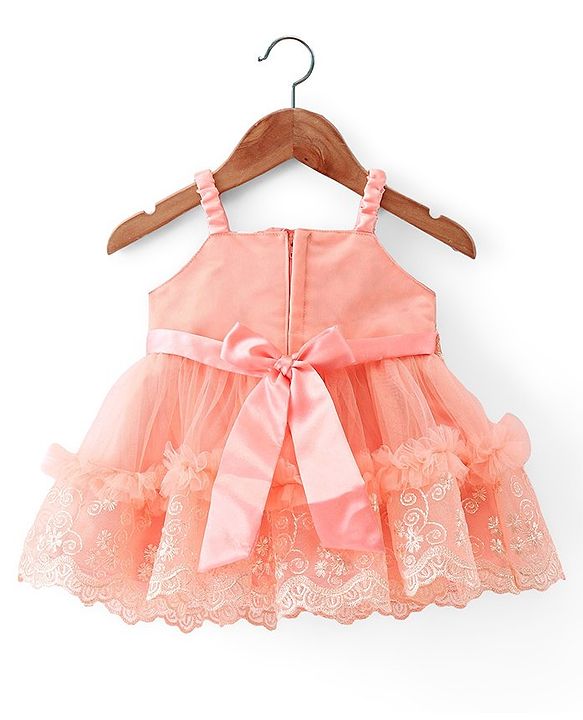 Babyhug Sleeveless Lace & Mesh Party Frock With Floral Embroidery - Peach