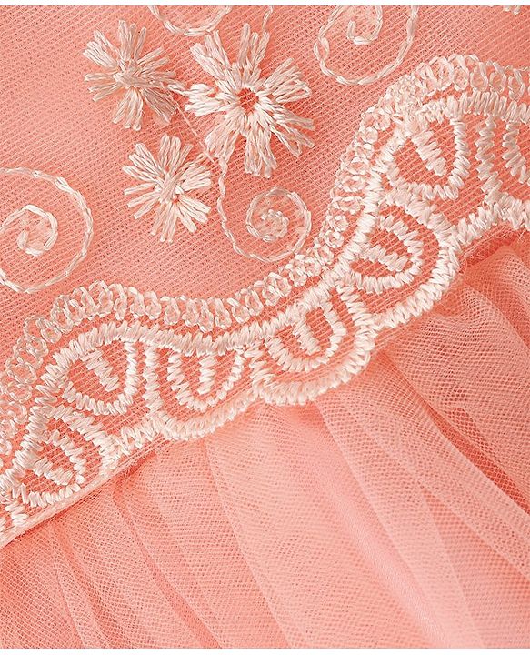 Babyhug Sleeveless Lace & Mesh Party Frock With Floral Embroidery - Peach