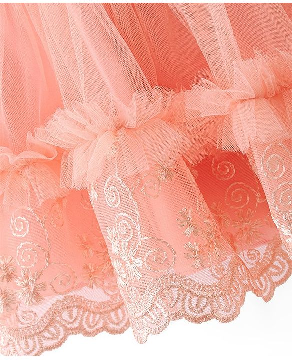 Babyhug Sleeveless Lace & Mesh Party Frock With Floral Embroidery - Peach