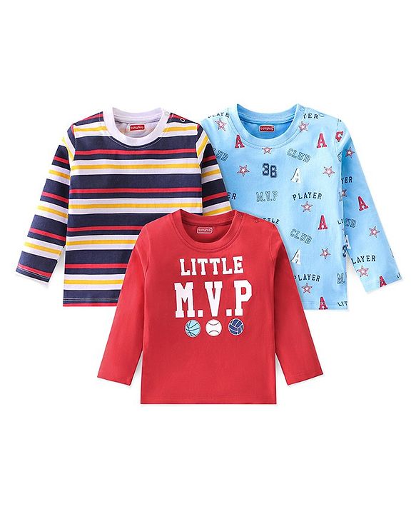 Babyhug 100% Cotton Full Sleeves T-Shirts With Stripes Text Graphics Design Pack of 3 - Multicolor