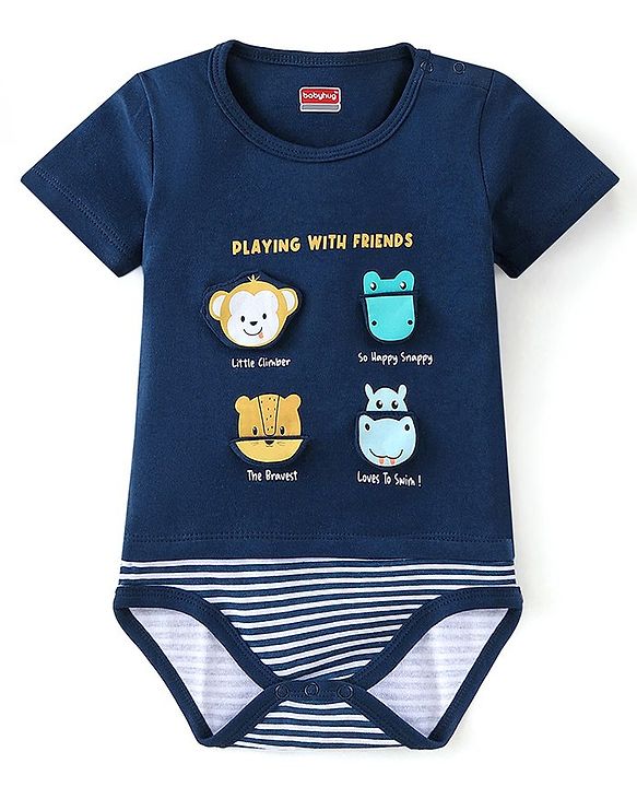 Babyhug 100% Cotton Half Sleeves Onesie Animal Patch - Navy Blue