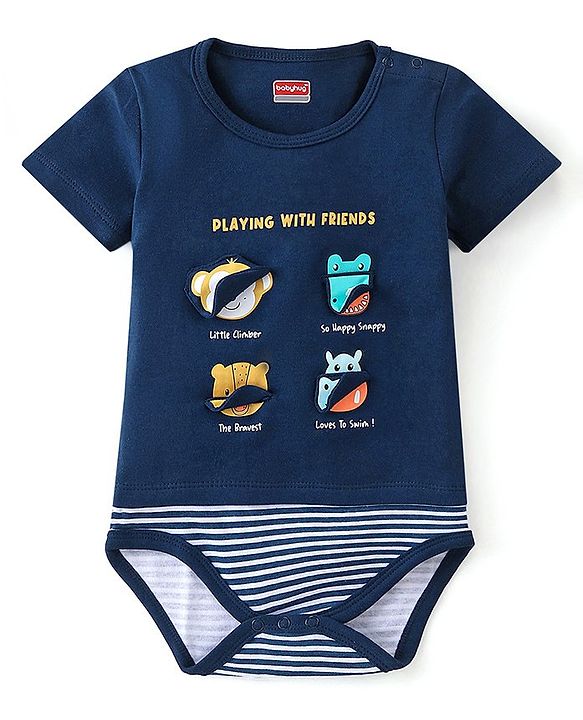 Babyhug 100% Cotton Half Sleeves Onesie Animal Patch - Navy Blue