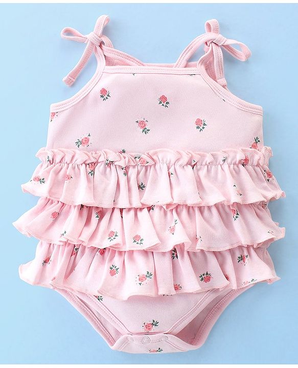 Babyhug Interlock 100% Cotton Knit Sleeveless  Onesies Floral Print - Pink