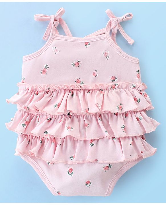 Babyhug Interlock 100% Cotton Knit Sleeveless  Onesies Floral Print - Pink