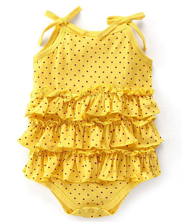 Babyhug 100% Cotton Singlet Sleeves Onesies With Polka Dots - Yellow