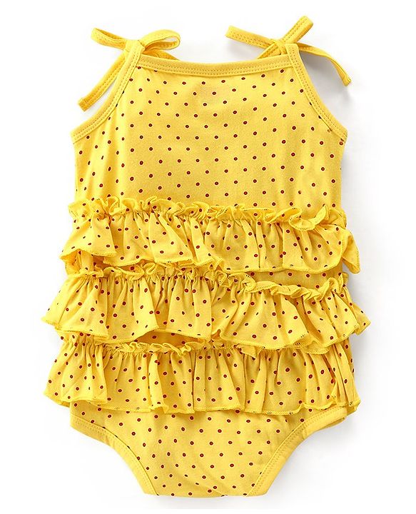Babyhug 100% Cotton Singlet Sleeves Onesies With Polka Dots - Yellow