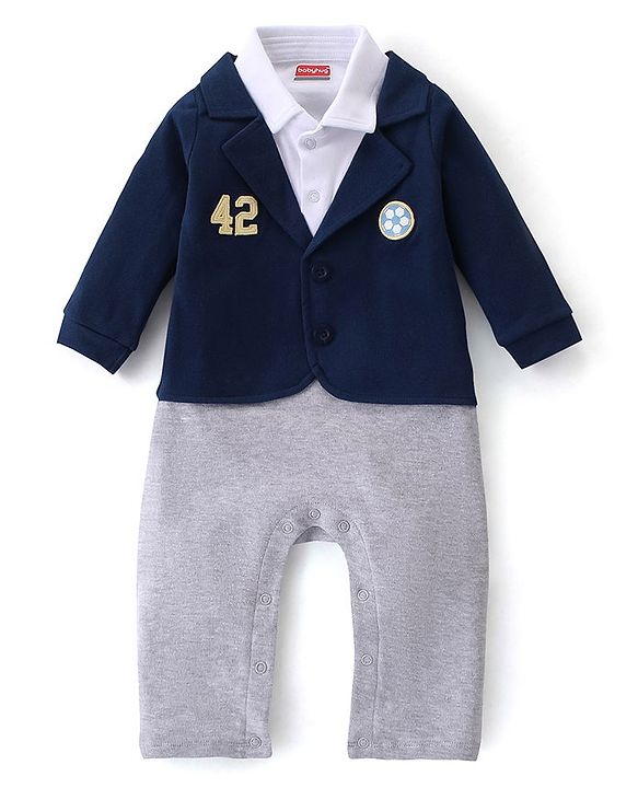 Babyhug Interlock Knit Full Sleeves Romper Soccer Ball Patch - Navy Blue