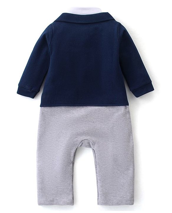 Babyhug Interlock Knit Full Sleeves Romper Soccer Ball Patch - Navy Blue