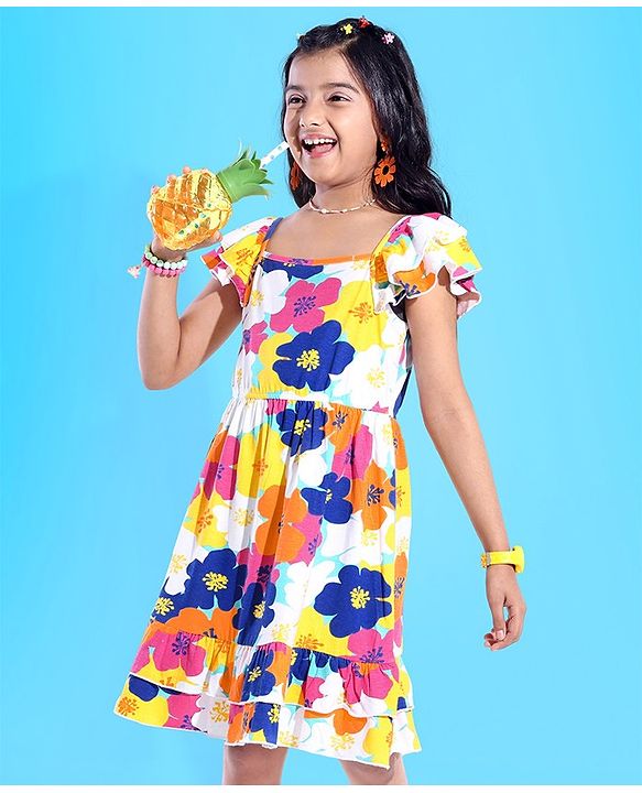 Pine Kids 100% Cotton Sleeveless Frock Floral Printed - Limpet Shell