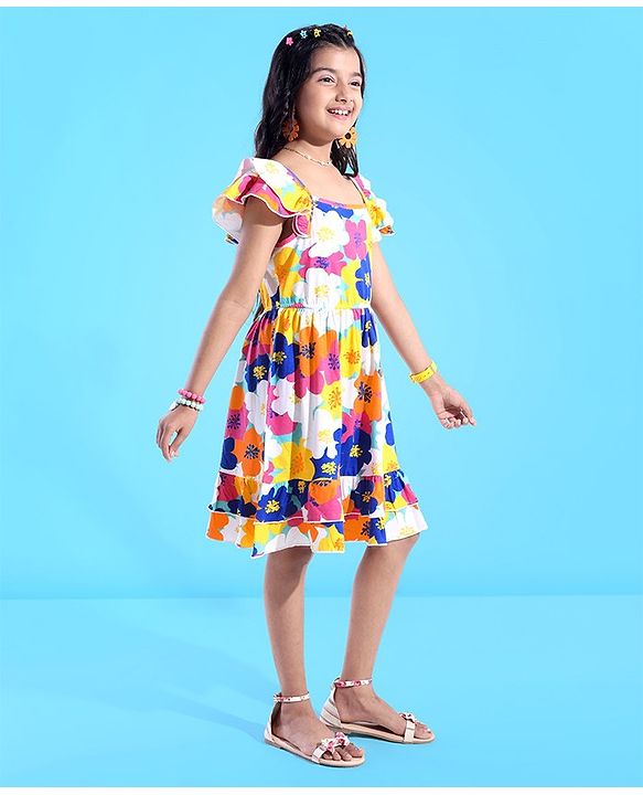 Pine Kids 100% Cotton Sleeveless Frock Floral Printed - Limpet Shell