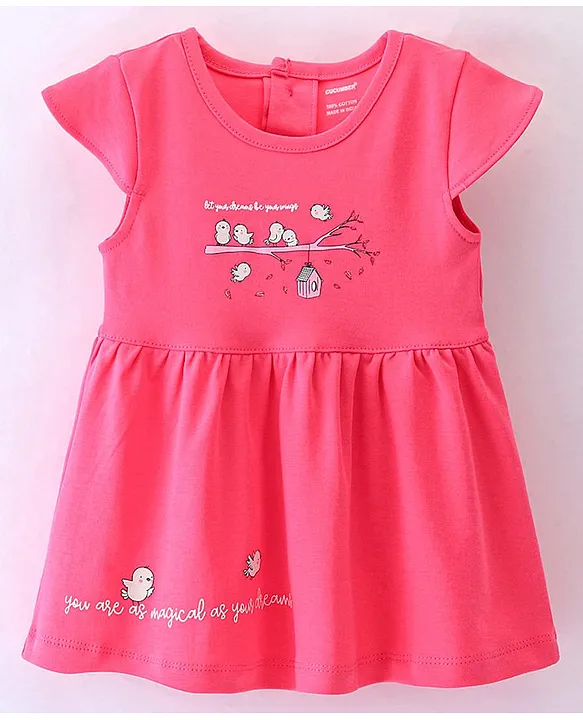 Cucumber Sinker Half Sleeves Frock With Bird Print Pink