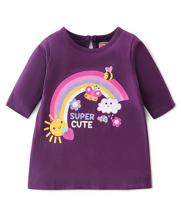 Babyhug Cotton Knit Three Fourth Sleeves Baby Gown With Rainbow & Butterfly Print - Purple