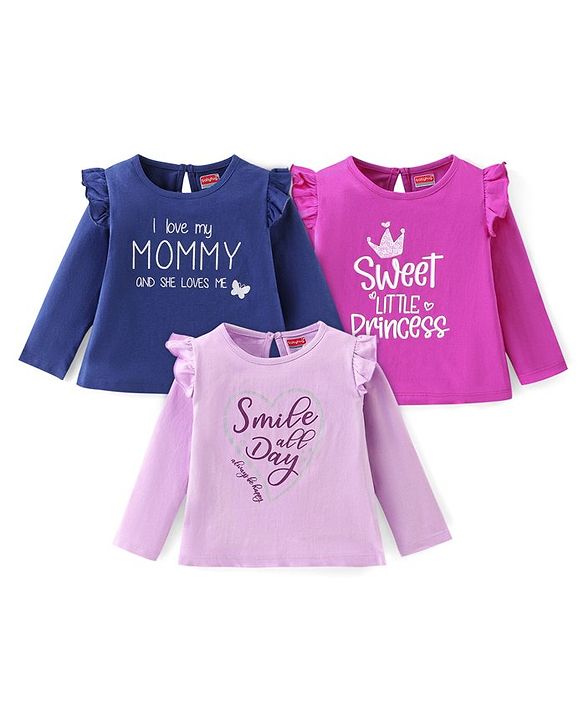 Babyhug Cotton Knit Full Sleeves Text Print T-Shirts Pack of 3 - Pink Purple & Blue
