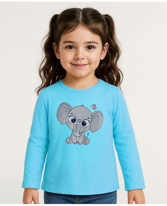 Babyhug Cotton Knit Full Sleeves Elephant Print T-Shirt - Blue