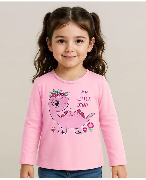 Babyhug Cotton Knit Full Sleeves Dino Print T-Shirt - Pink