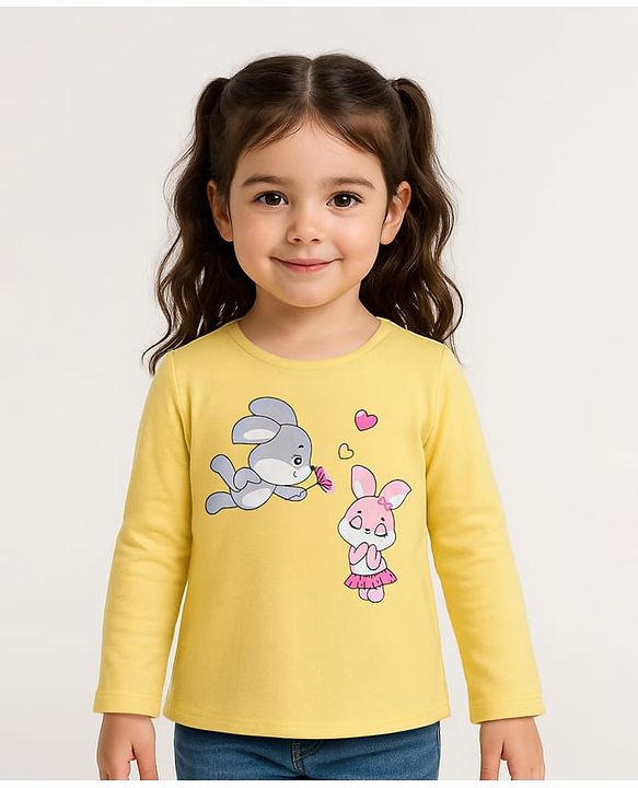 Babyhug Cotton Knit Full Sleeves Bunny Print T-Shirt - Yellow