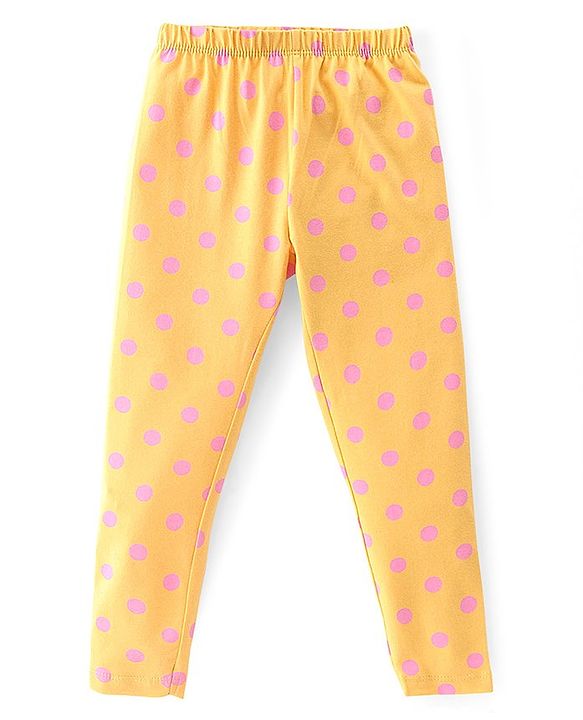 Babyhug Cotton Lycra Knit Full Length Leggings Floral Solid  & Polka Dot Print Pack of 3- Red Yellow & Pink