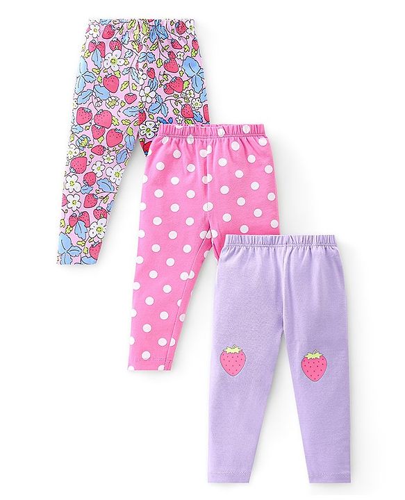 Babyhug Cotton Lycra Knit Full Length Floral & Polka Dots Printed Leggings Pack of 3 - Multicolor