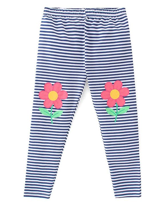 Babyhug Cotton Lycra Knit Full Length Stretchable Leggings Stripes & Floral Print - Navy Blue