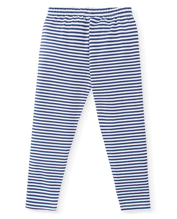 Babyhug Cotton Lycra Knit Full Length Stretchable Leggings Stripes & Floral Print - Navy Blue