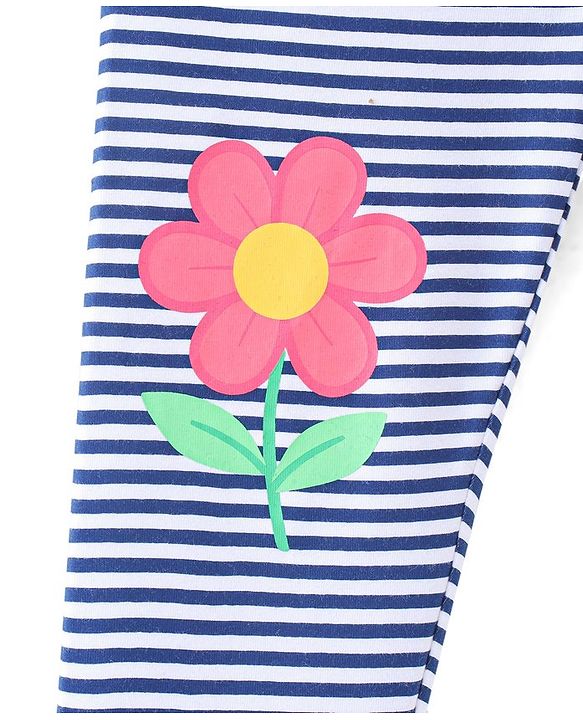 Babyhug Cotton Lycra Knit Full Length Stretchable Leggings Stripes & Floral Print - Navy Blue