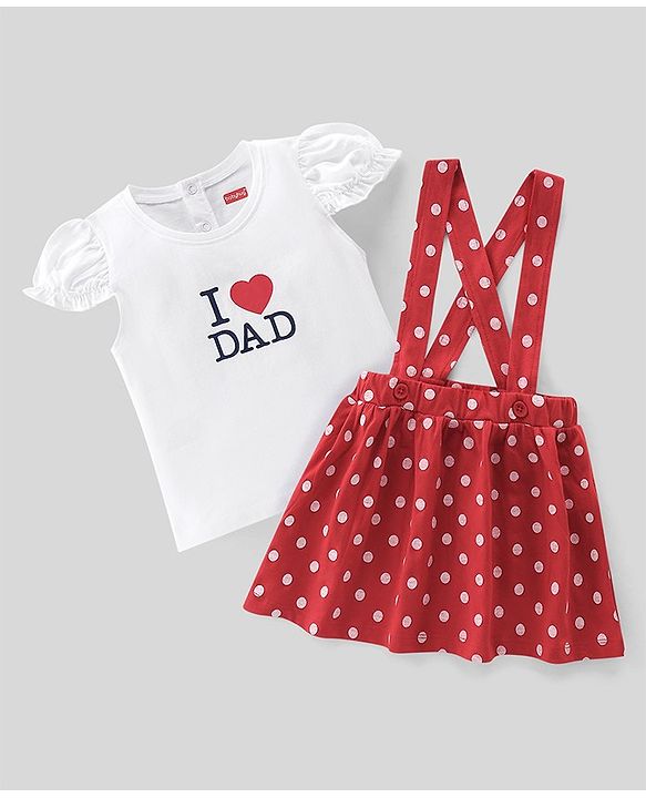 Babyhug 100% Cotton Knit Half Sleeves Text Print Top & Polka Dot Print Skirt-White & Red