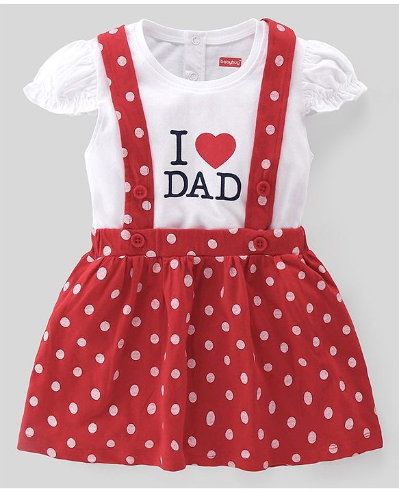 Babyhug 100% Cotton Knit Half Sleeves Text Print Top & Polka Dot Print Skirt-White & Red