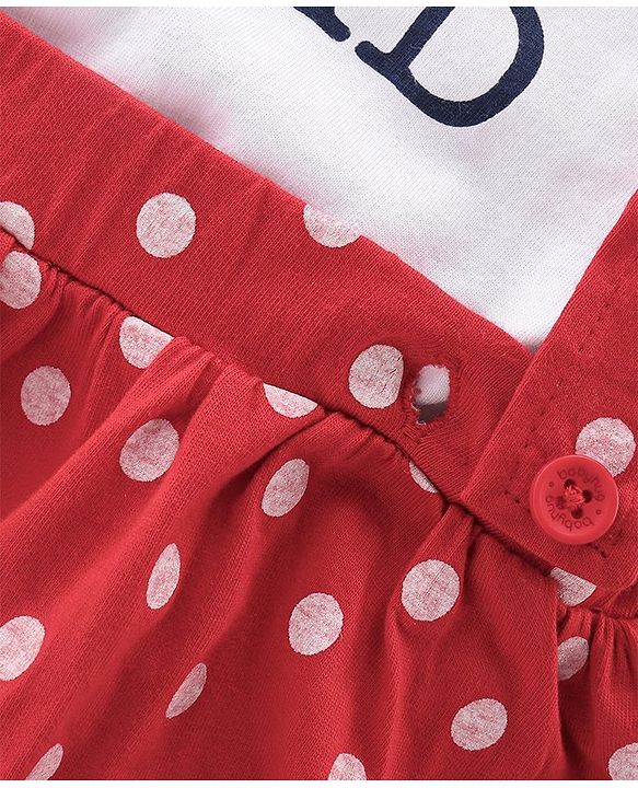 Babyhug 100% Cotton Knit Half Sleeves Text Print Top & Polka Dot Print Skirt-White & Red