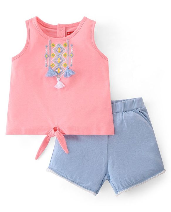 Babyhug 100% Cotton Knit Sleeveless Top & Shorts With Ikat Embroidery - Blue & Pink