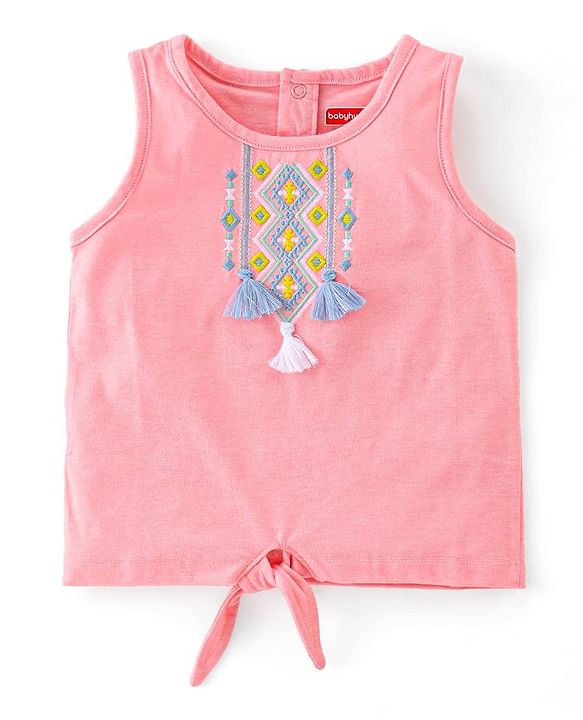 Babyhug 100% Cotton Knit Sleeveless Top & Shorts With Ikat Embroidery - Blue & Pink