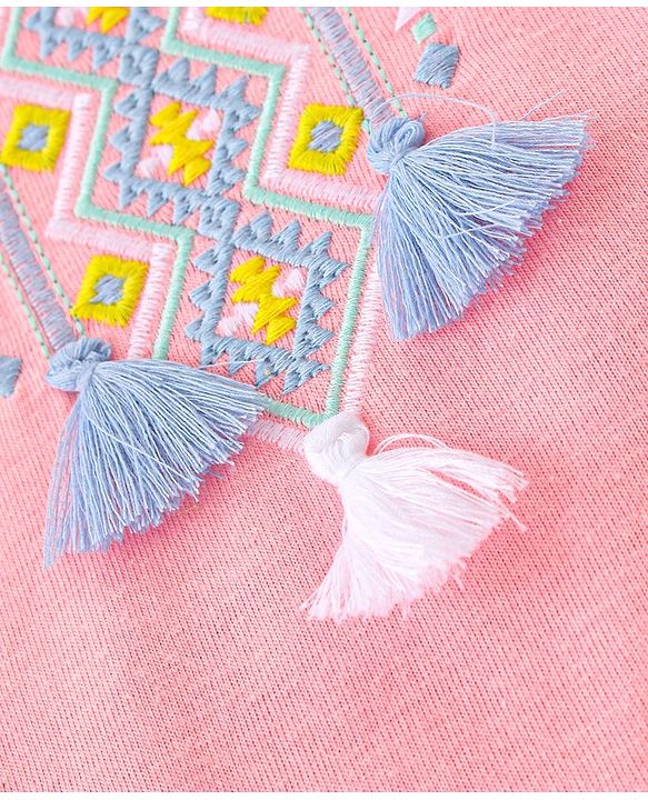 Babyhug 100% Cotton Knit Sleeveless Top & Shorts With Ikat Embroidery - Blue & Pink