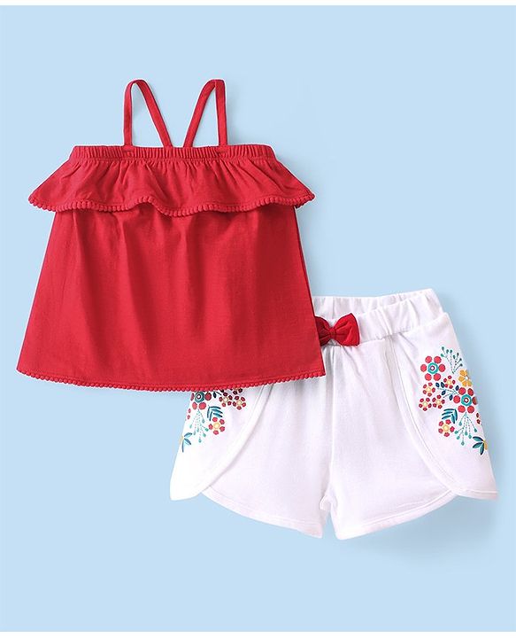 Babyhug 100% Cotton Knit Single Jersey Sleeveless Top & Shorts With Floral Print & Bow Detailing - Red & White
